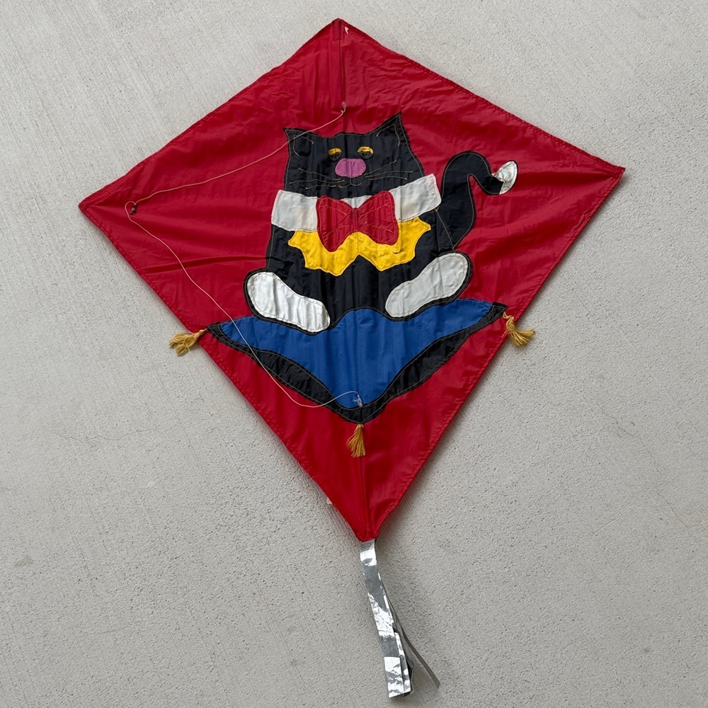 Handmade Diamond Kite with Cat by Go Fly a Kite Company. Initialed on back